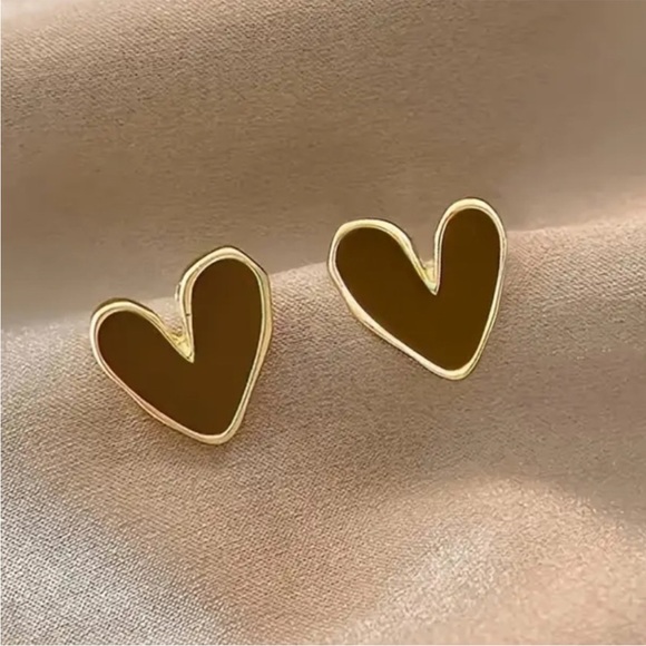 Jewelry - Gold-Trim Brown Heart Stud Earrings
